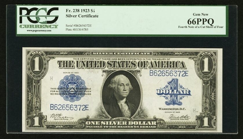 1923 $1 SILVER CERTIFICATE BANKNOTE Fr238 GEM UNCIRCULATED CERTIFIED PCGS-66-PPQ