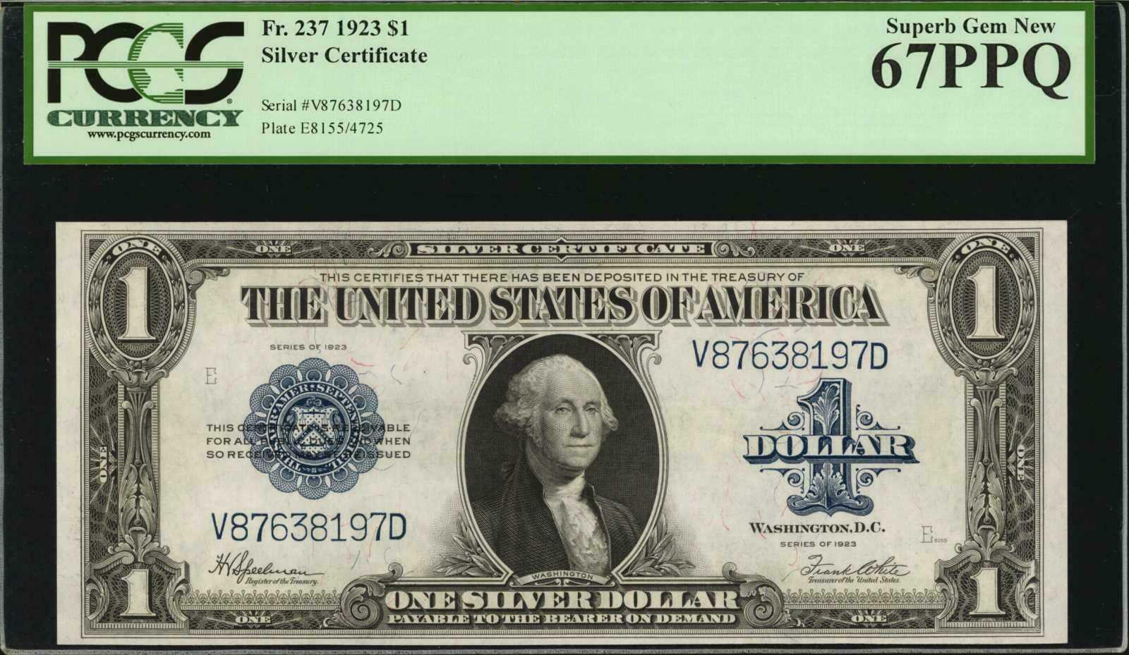 1923 $1 SILVER CERTIFICATE BANKNOTE FR-237 PCGS CERTIFIED GEM UNCIRCULATED-67PPQ
