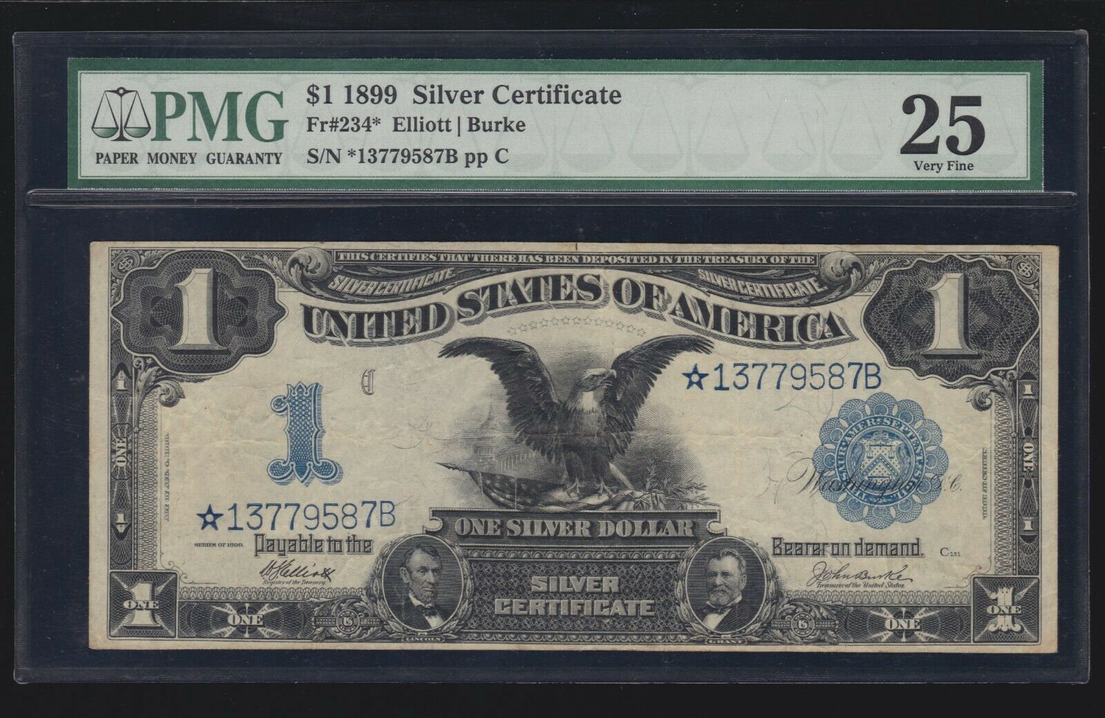 US 1899 $1 Black Eagle Silver Certificate STAR NOTE* FR 234* PMG 25 Ch VF (587)