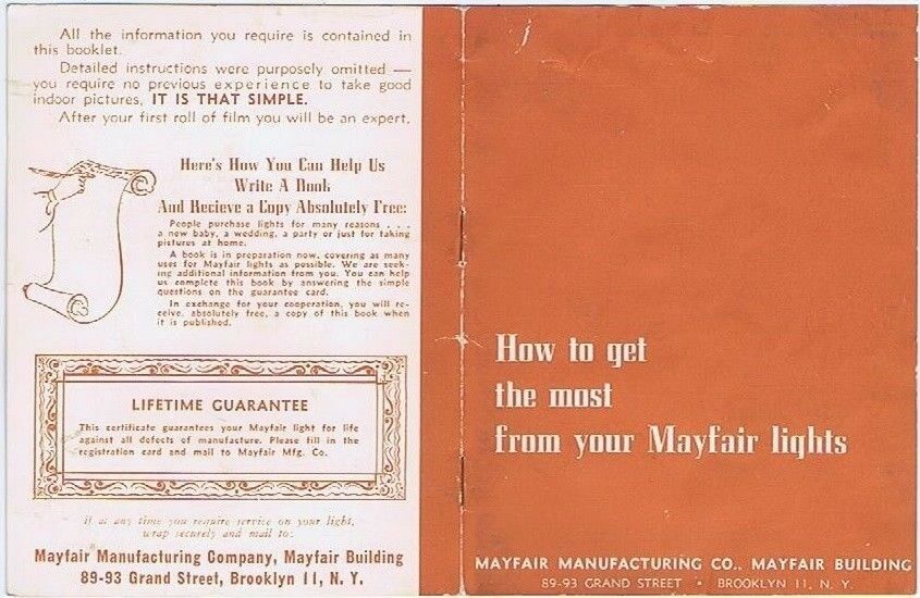 Mayfair Photography Lights Instruction Manual, 1950's