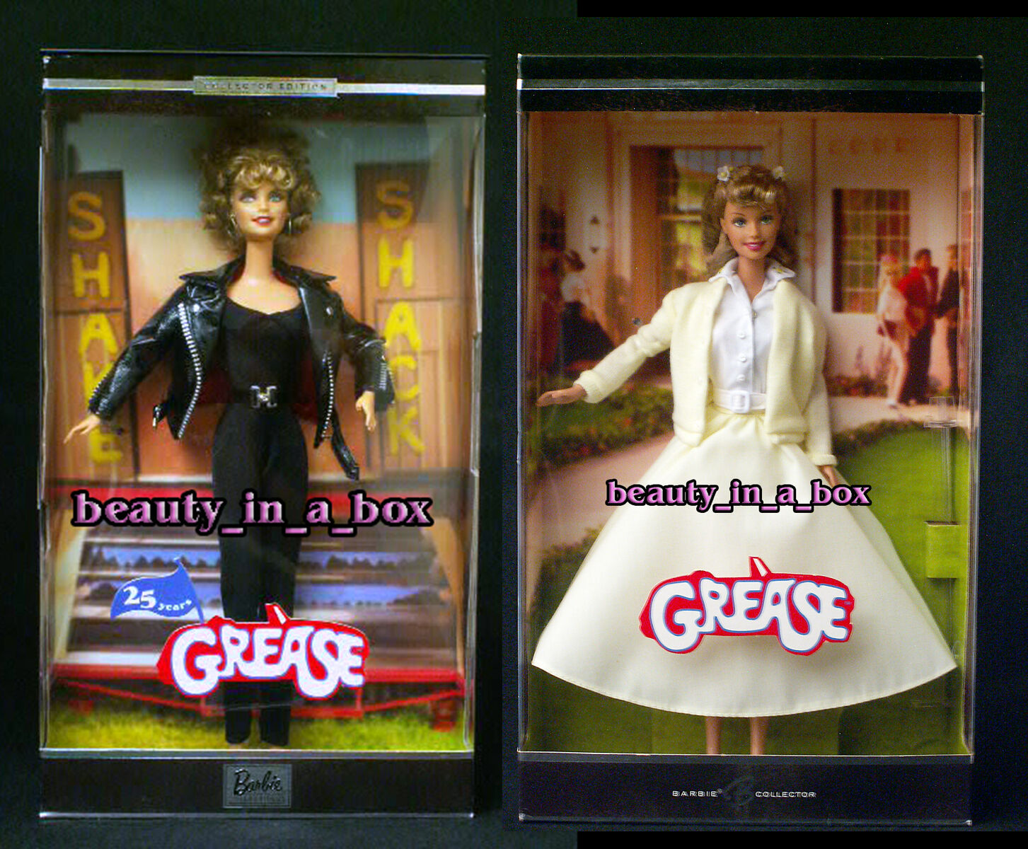 Grease Barbie Doll Exc Box Sandy Black 25th Anniversary Lot 2 Olivia Newton John