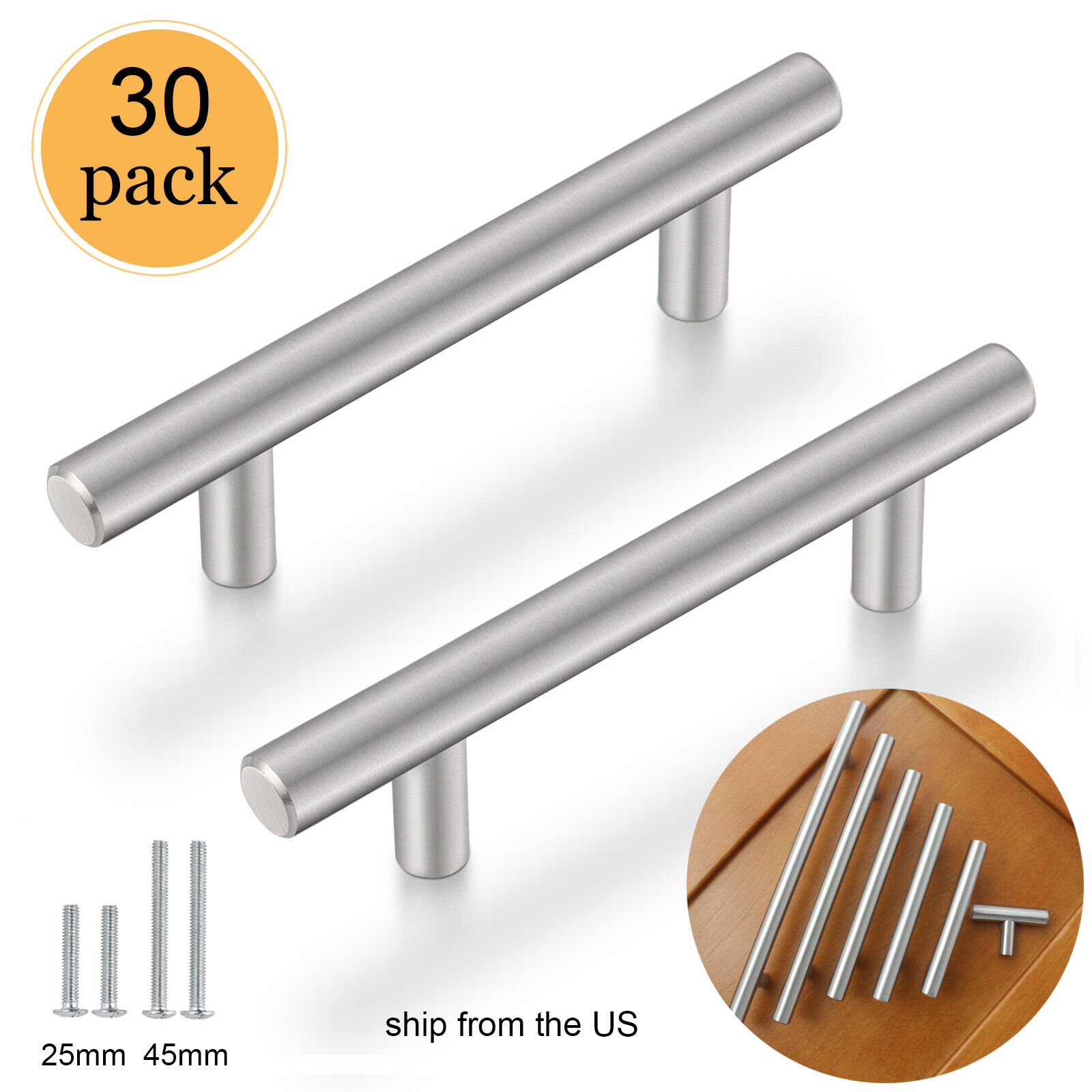 30pack Brushed Nickel Kitchen Cabinet Pulls Stainless Steel Drawer T Bar Handles