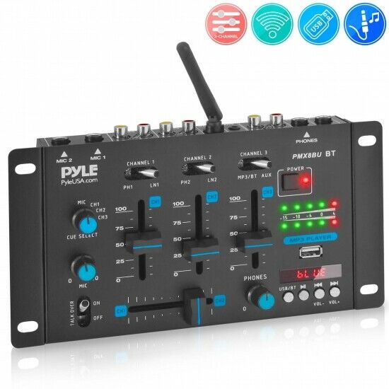 Pyle PMX8BU Professional 3-Channel Bluetooth DJ Mixer with Digital LED Display