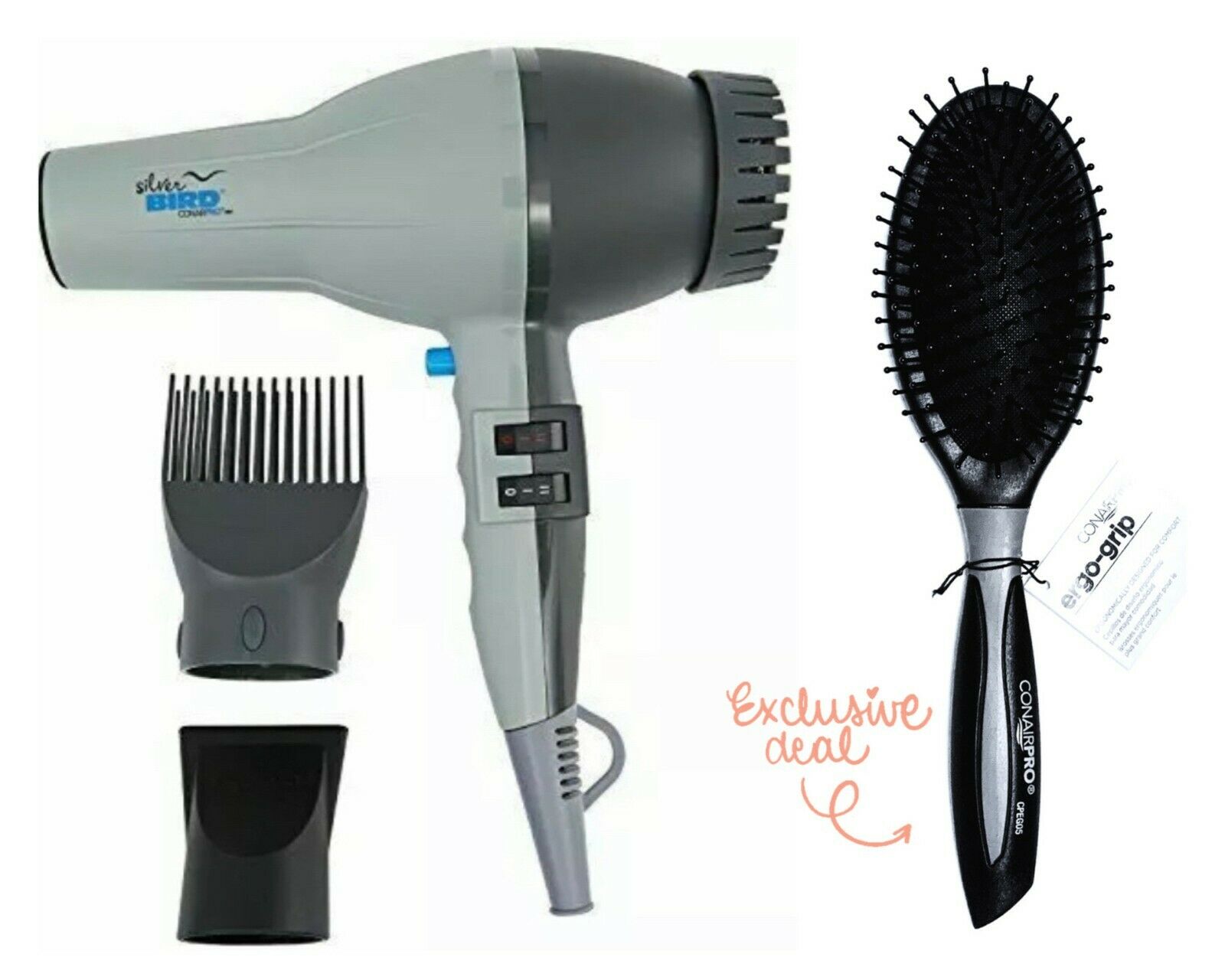 Conair Pro Silver Bird Hair Dryer + Hair Brush Combo New In Non-retail Packaging