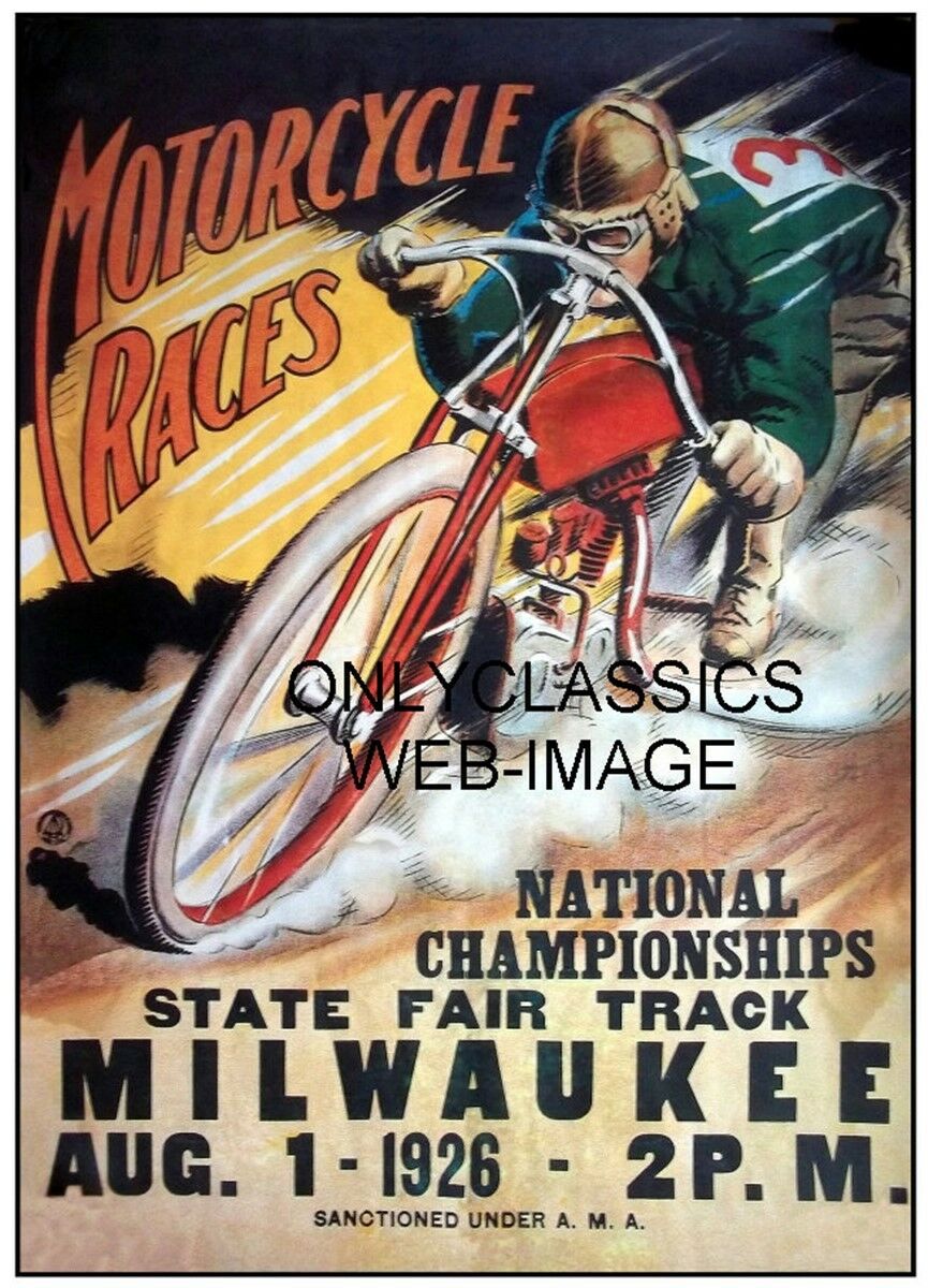 1926 AMA NATIONAL CHAMPIONSHIP MOTORCYCLE RACES POSTER MILWAUKEE FAIR RACING