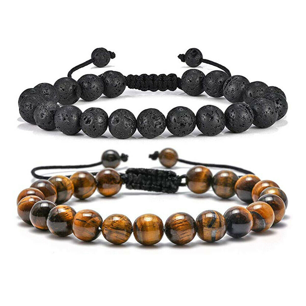 2PCS Tiger Eye Lava Rock Stone Anxiety Stress Relief Adjust Men Women Bracelets