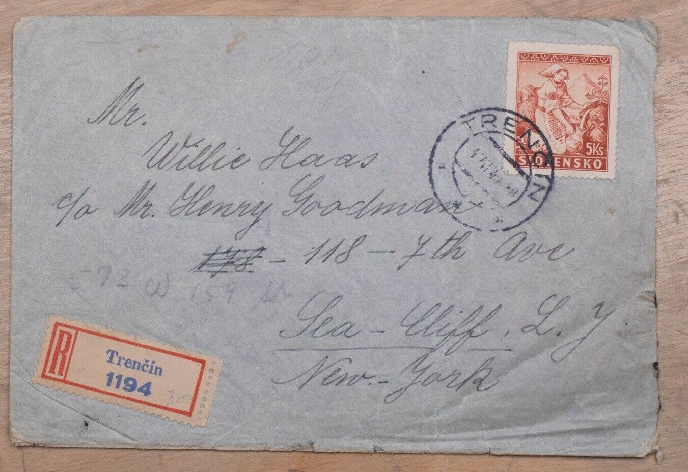 Slovakia Trencin To Us New York 1940 Registered Solo Frank Cover