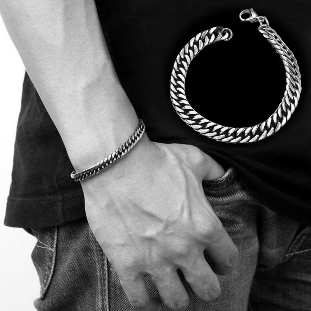 Punk Mens Boy Silver Stainless Steel Bracelet Wristband Bangle Cuff Chain Link