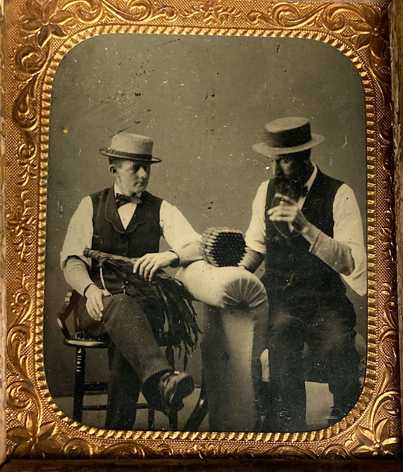 1/6 PLATE OCCUPATIONAL TINTYPE CIGAR MAKERS, 2 MEN w/ TOBACCO + BUNCH OF CIGARS