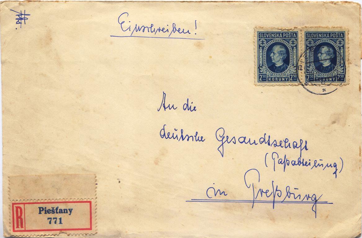 X1259-slovakia-domestic Registered Front Cover From Piestany To Pressburg-1944