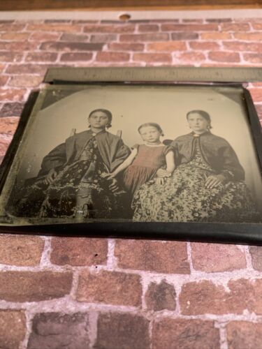 Antique Tintype Colored Victorian 3 Sisters Fancy 4.5” X 3.25”