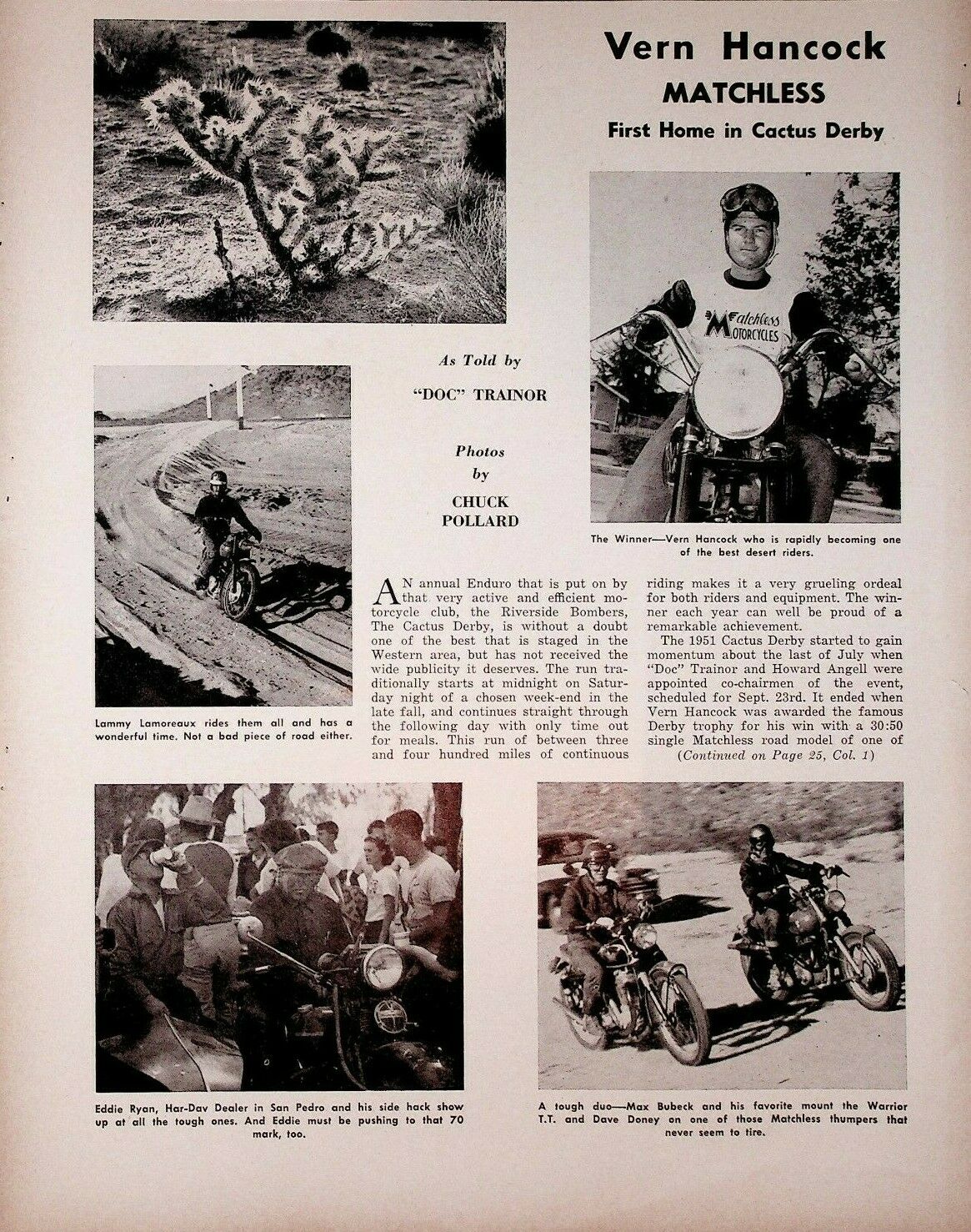 1951 Vern Hancock Matchless Cactus Derby - 2-page Vintage Motorcycle Article