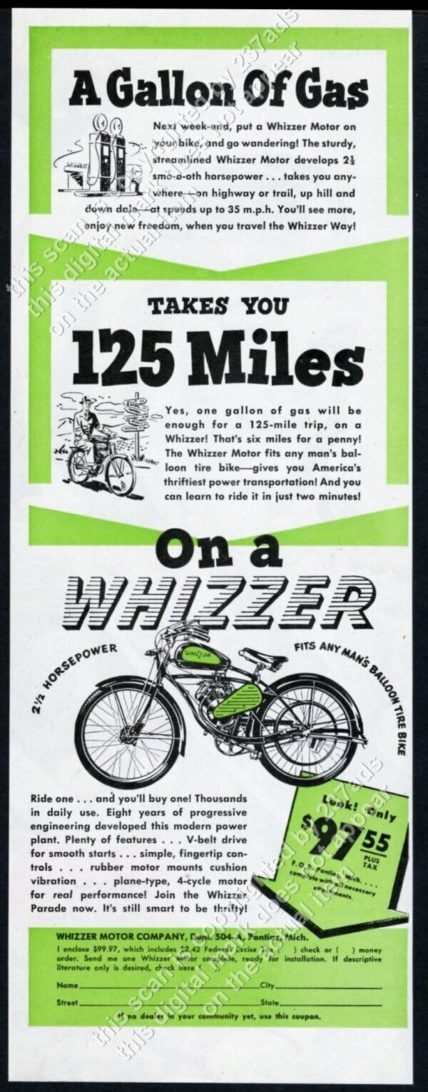 1947 Whizzer motorcycle motor bike art 125 miles on a gallon vintage print ad