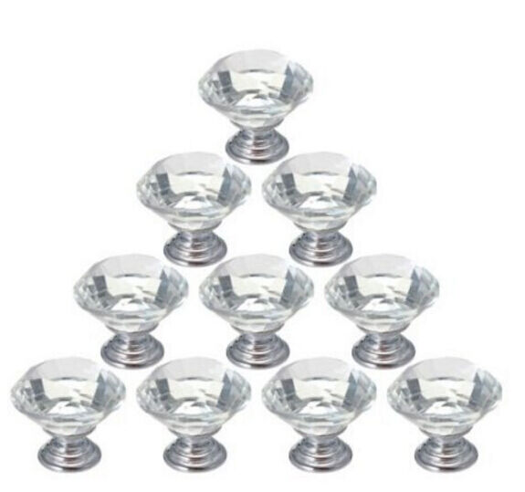 10pcs Crystal Glass Cabinet Knob Diamond Shape 30mm Drawer Cupboard Handle Pull