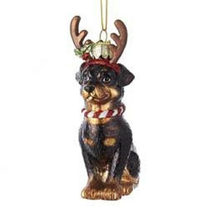 Glass Dog Rottweiler W/antlers Dog Breed Christmas Ornament