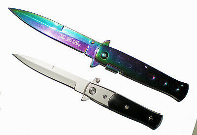 TWO Rainbow Black Stiletto Assisted Open  Blade OPENING POCKET Godfather KNIFE