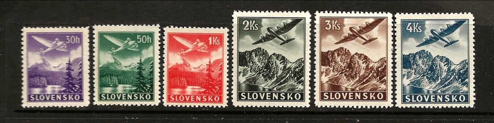 Slovakia Sc C1-C6 LH of 1939 -Air Post stamps - Airplanes