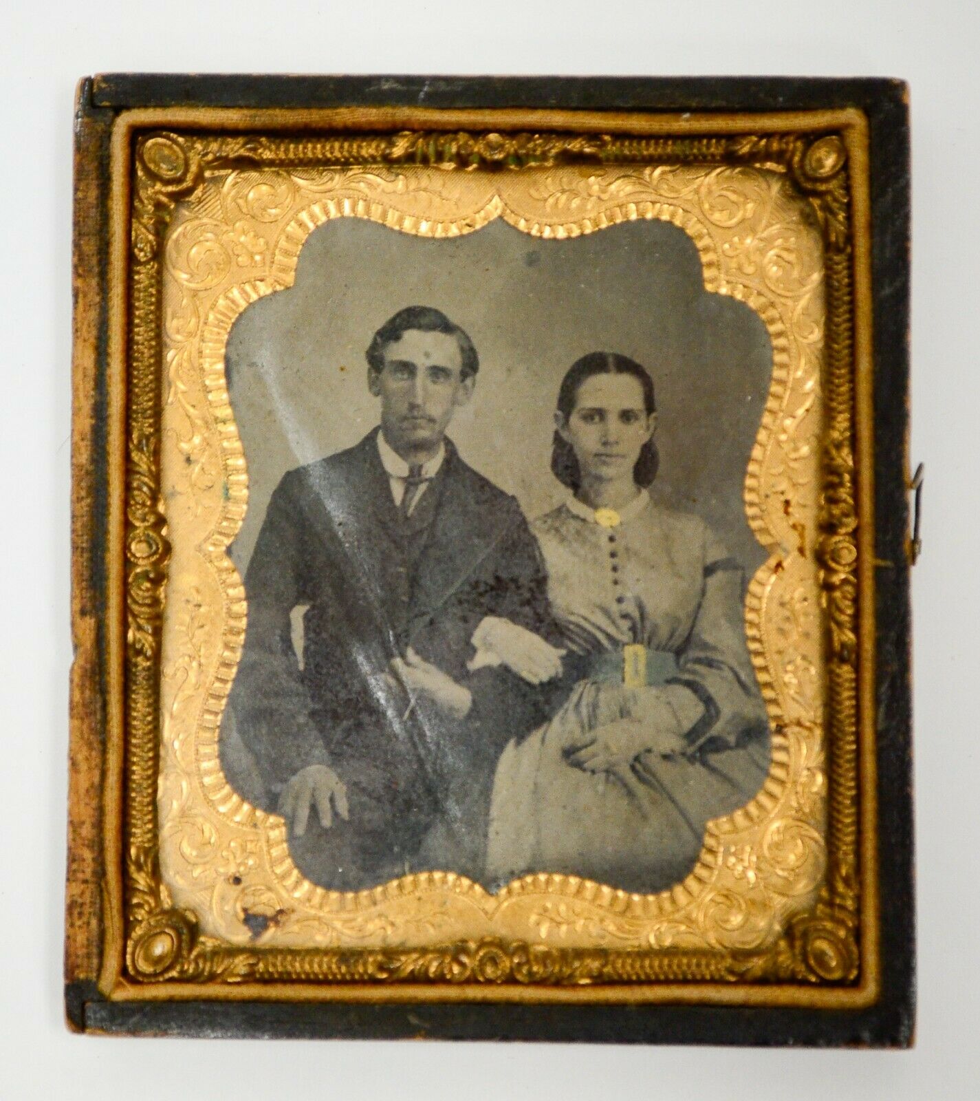 Creased 6th Plate Tintype in Partial Case Young Married Couple Tinted Photo Vtg
