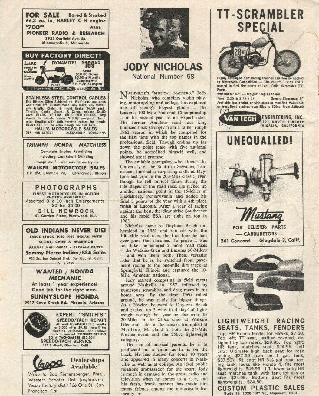 1963 Jody Nicholas, National Number 58 - Vintage Motorcycle Article