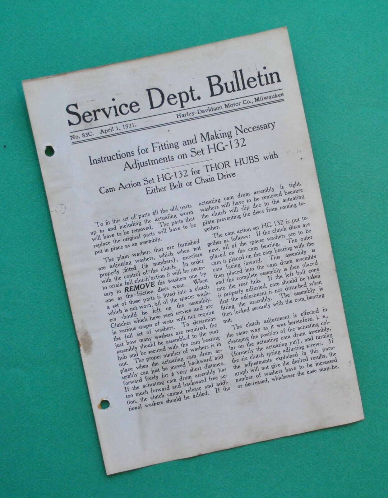 Original 1921 Harley Service Manual Mechanics Bulletin Belt Drive Thor Hubs