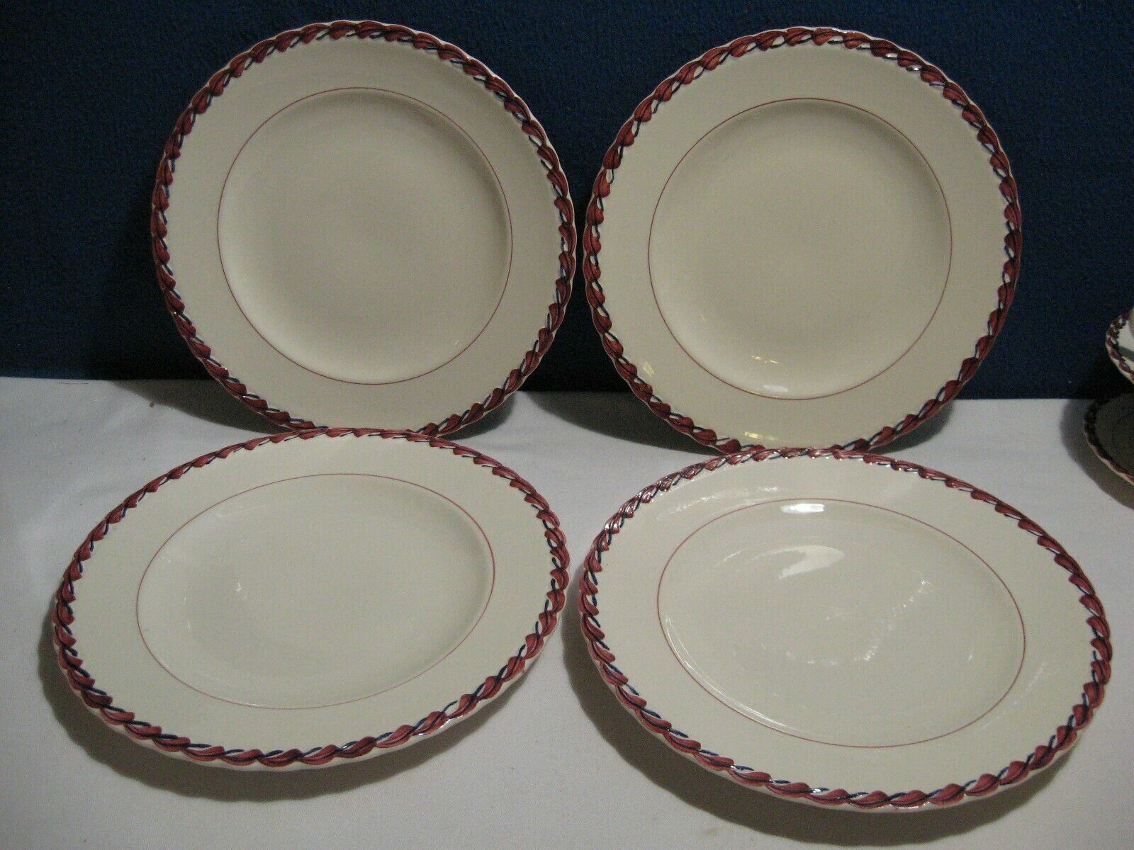 Vernon Kilns Monterey Red and Blue Band set of 4, 10-1/4
