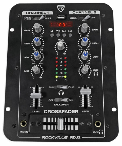 Rockville RDJ2 2 Channel DJ Mixer with USB, Cue Monitor, Talkover, 4 Line Inputs