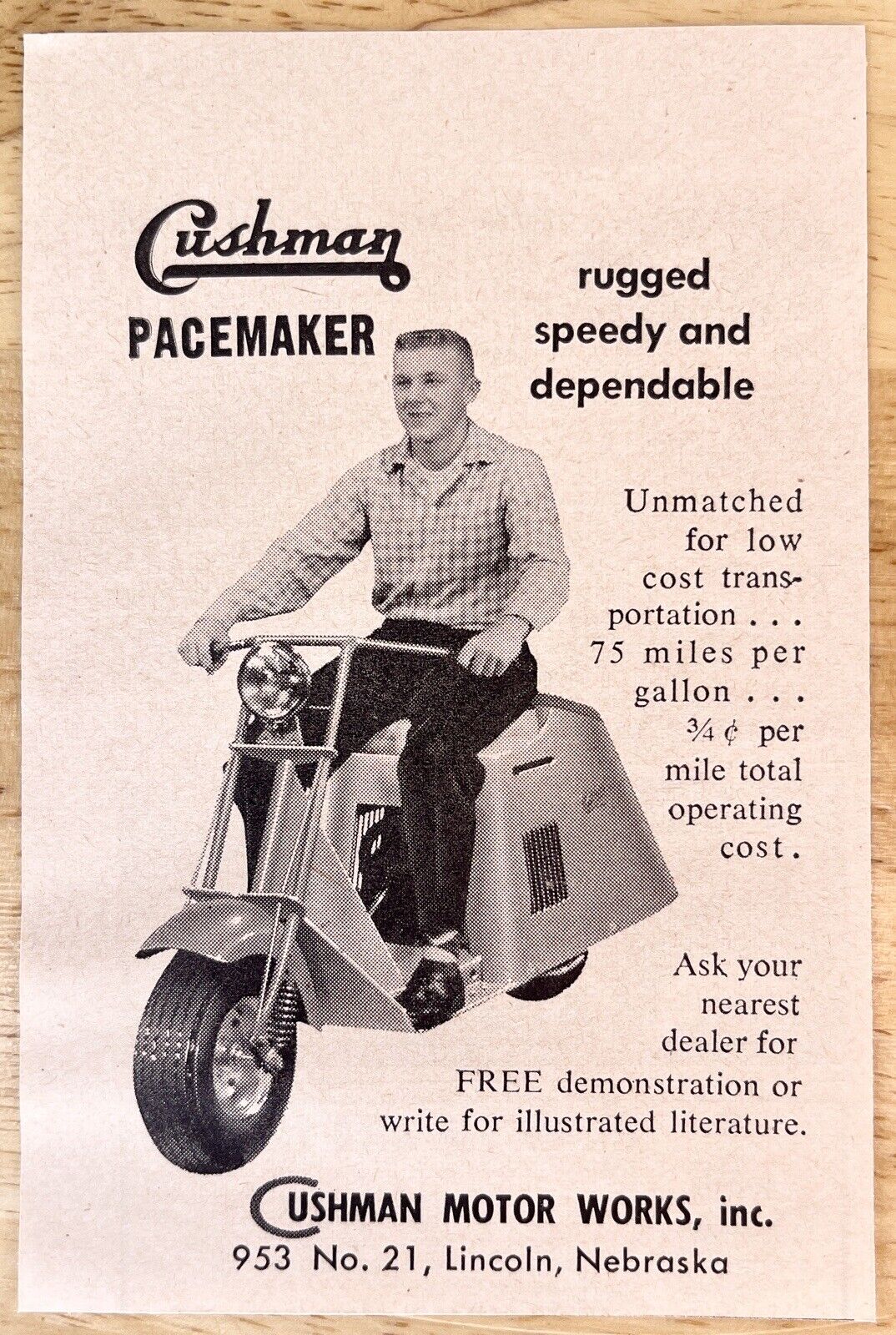 1950s CUSHMAN PACEMAKER SCOOTER LINCOLN NEBRASKA PRINT AD