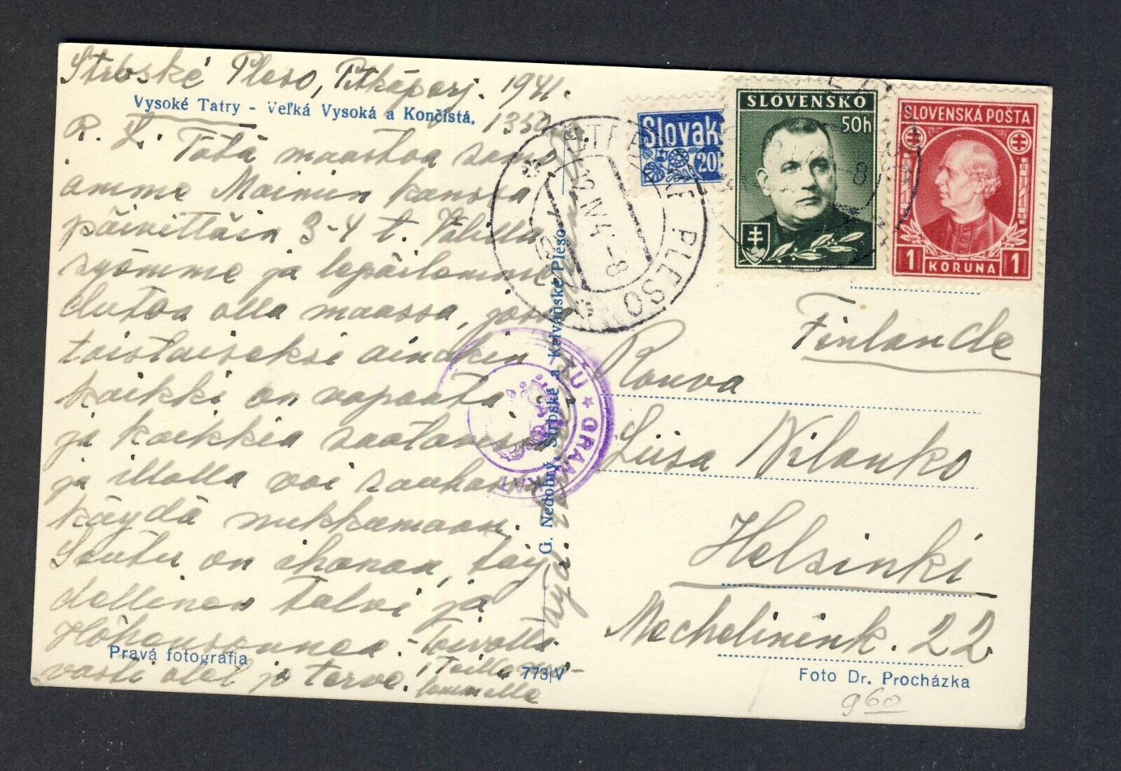 Slovakia 1941 Postcard To Finland